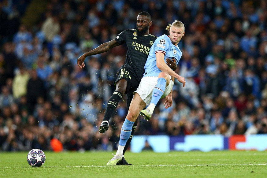 Mandatory Credit: Photo by Matt West/Shutterstock 13914587bg Antonio Rudiger of Real Madrid and Erling Haaland of Manchester City Manchester City v Real Madrid, UEFA Champions League, Semi Final, Seco ...