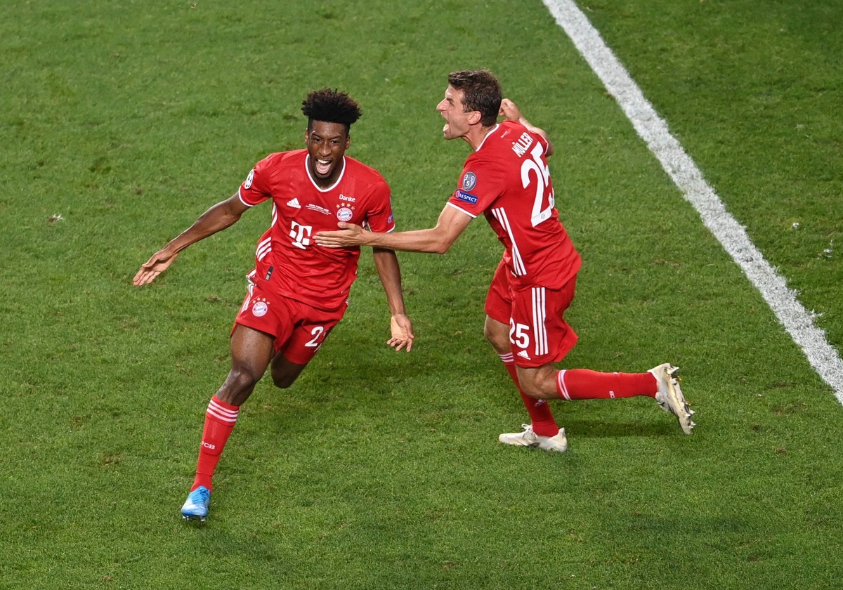 UEFA - Bayern Munich wins Champions League - Lisbon Handout. Editorial Use Only. Kingsley Coman of FC Bayern Munich celebrates with teammate Thomas Mueller after scoring his team s first goal during t ...