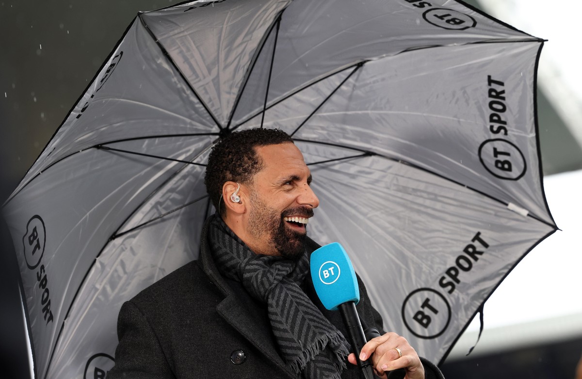 April 9, 2022, Liverpool, United Kingdom: Liverpool, England, 9th April 2022. Former Manchester United player Rio Ferdinand presents for BT Sports before the Premier League match at Goodison Park, Liv ...