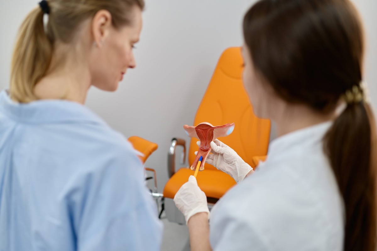Gynecologist showing anatomical model of uterus to patient explaining process of conception, ovulation or installation of intrauterine device Model Released Property Released xkwx {gynecologist,anatom ...