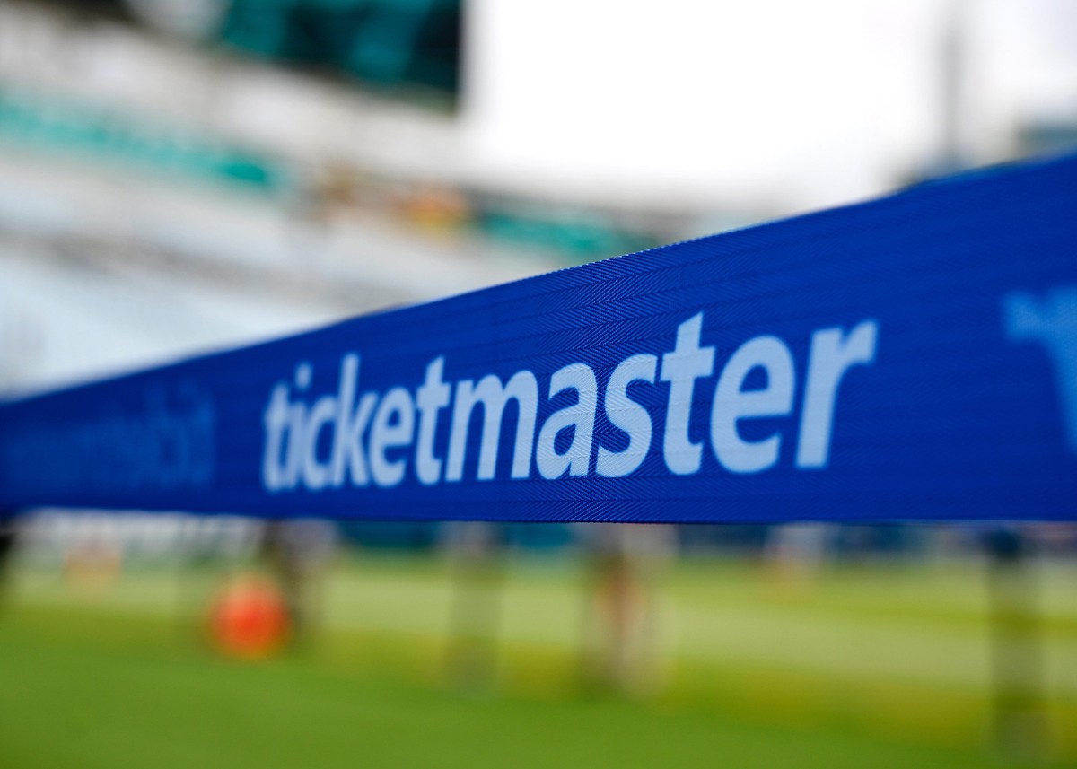 FILE - An advertisement for Ticketmaster is viewed along an area reserved for special guests on the sideline of the field before an NFL football game, Sunday, Sept. 15, 2024, in Jacksonville, Fla. (AP ...