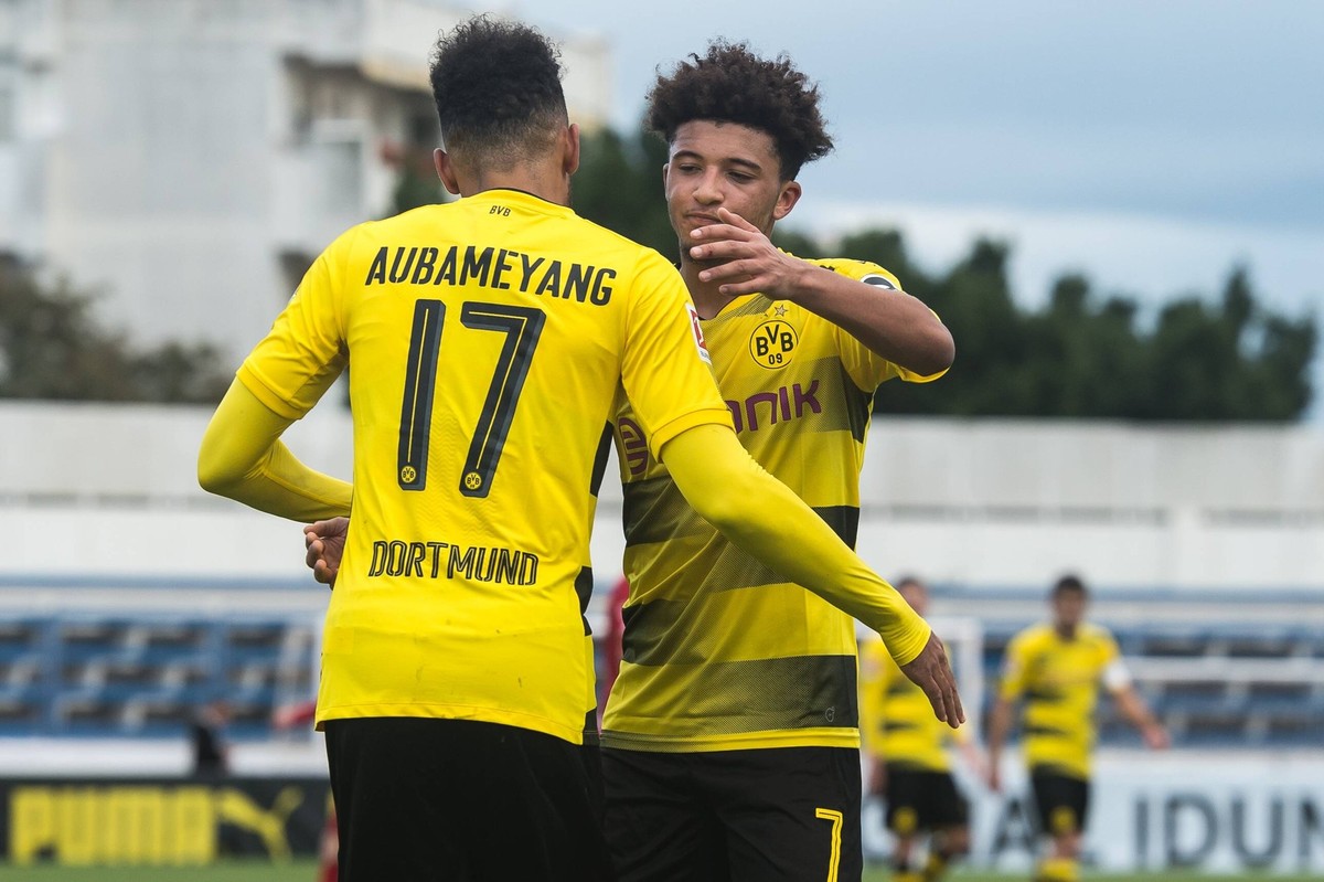 (L-R) Pierre-Emerick Aubameyang of Borussia Dortmund, Jadon Sancho of Borussia Dortmund during the friendly match between Borussia Dortmund and Zulte Waregem at the Estadio Municipal Marbella on Janua ...
