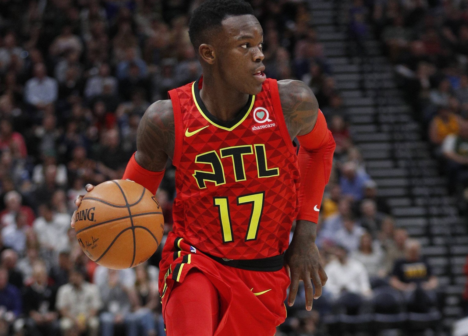 Atlanta Hawks guard Dennis Schroder brings the ball down court during a basketball game of the NBA Basketball Herren USA against Utah Jazz at Energy Solutions Arena in Salt Lake City, Utah, US, 20 Mar ...