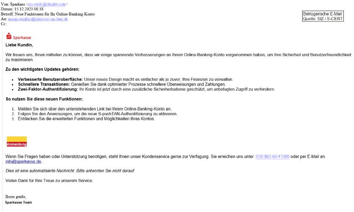 So oder so ähnliche könnte die Sparkasse-Betrugs-Mail aussehen.