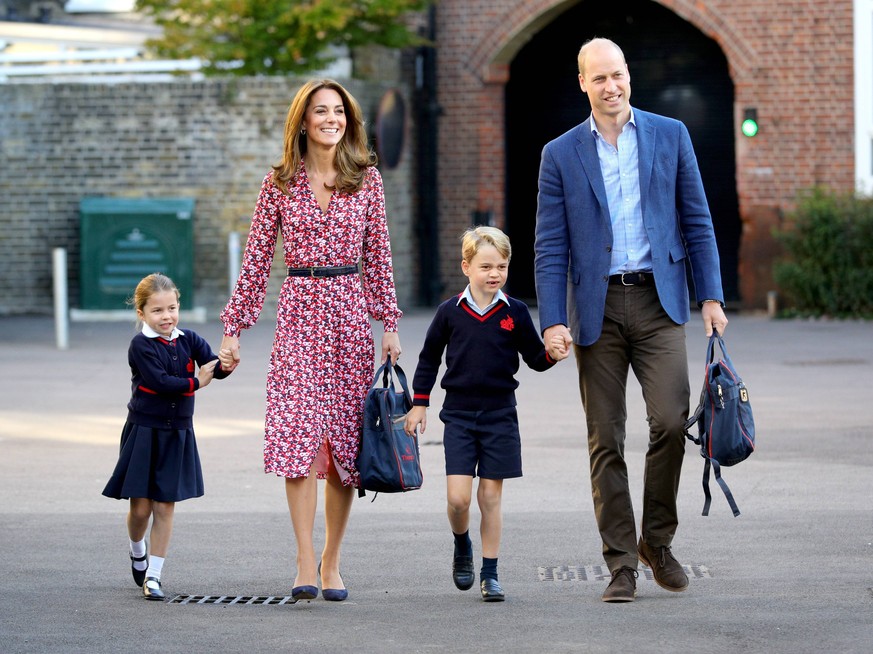05 September 2019 - Princess Charlotte of Cambridge, Kate Duchess of Cambridge Catherine Katherine Middleton, Prince George of Cambridge, Prince William Duke of Cambridge, arriving for her first day o ...