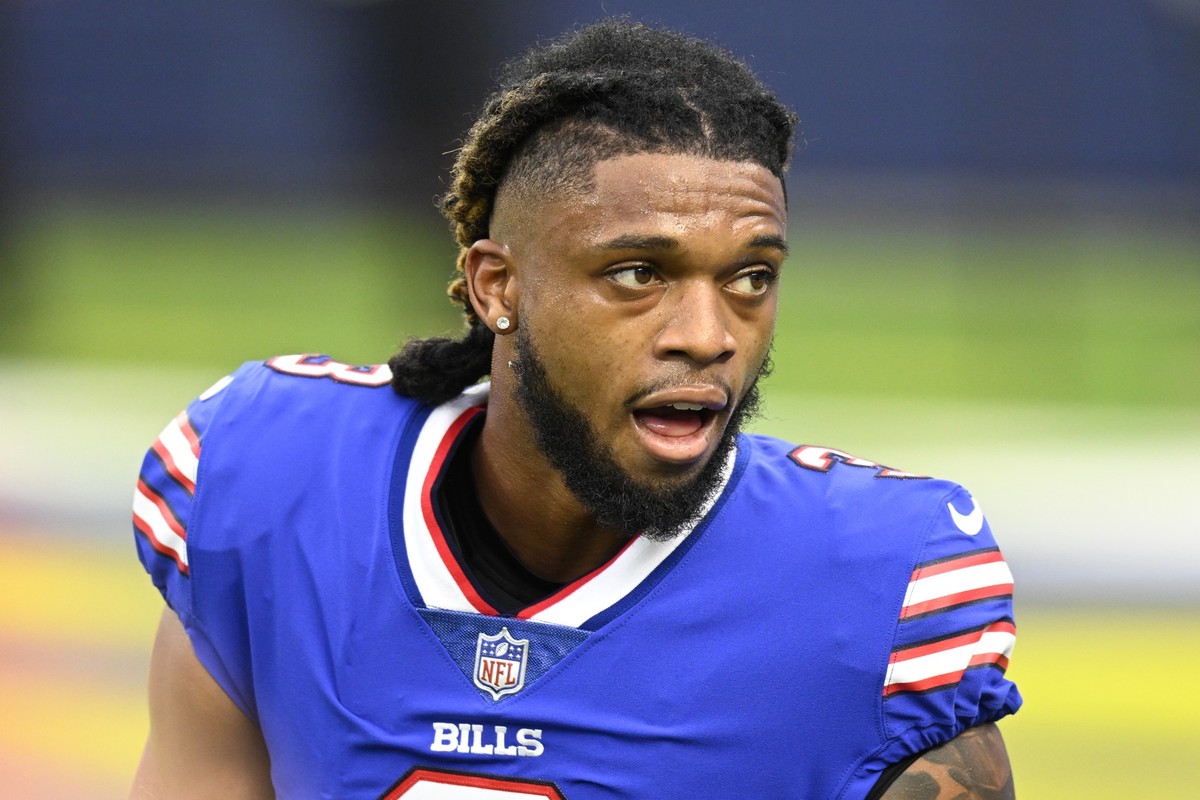 FILE - Buffalo Bills Damar Hamlin with his helmet off before playing the Los Angeles Rams during an NFL football game, Sept. 8, 2021, in Inglewood, Calif. The scenes of Hamlin&#039;s on-field collapse ...