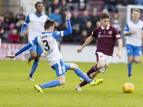 10th February 2018, Tynecastle Park, Edinburgh, Scotland; Scottish Cup football 5th round, Hearts versus St Johnstone; Anthony McDonald of Hearts gets past Scott Tanser of St Johnstone PUBLICATIONxINx ...