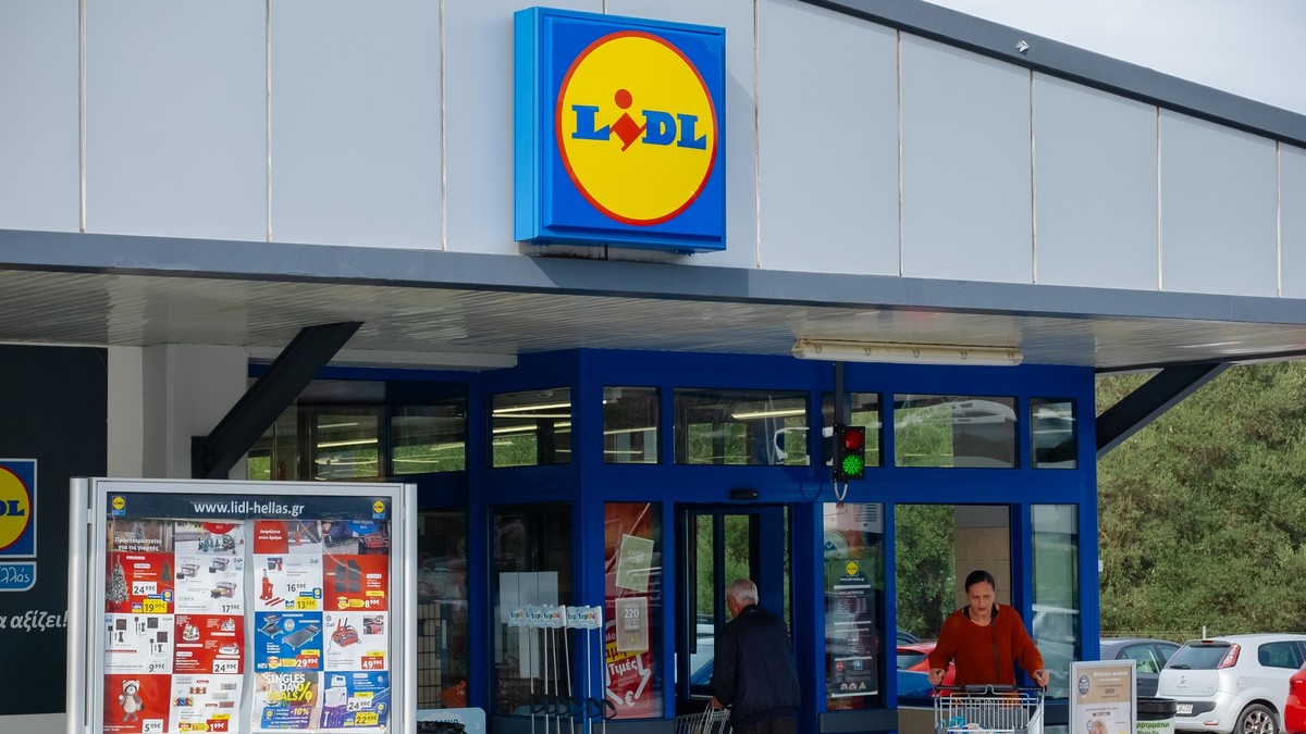 billboard Lidl closeup. Lidl shop signboard with brand logo sign. German international discount supermarket retail chain. Convenience grocery store. November-4,2023 Model Released Property Released xk ...