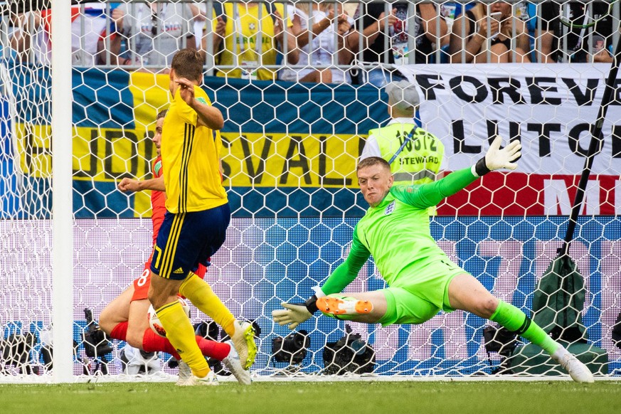 180707 goalkeeper Jordan Pickford of England saves an attempt from Viktor Claesson of Sweden during the FIFA World Cup WM Weltmeisterschaft Fussball quarter final match between Sweden and England on J ...