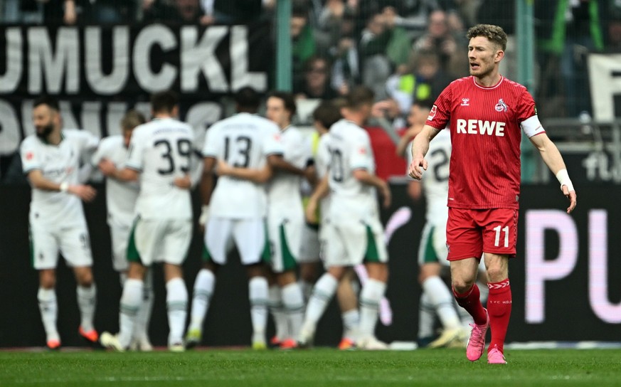 09.03.2024, Nordrhein-Westfalen, Mönchengladbach: Fußball: Bundesliga, Borussia Mönchengladbach - 1. FC Köln, 25. Spieltag, Stadion im Borussia-Park. Kölns Florian Kainz reagiert nach dem 2:2. Foto: F ...