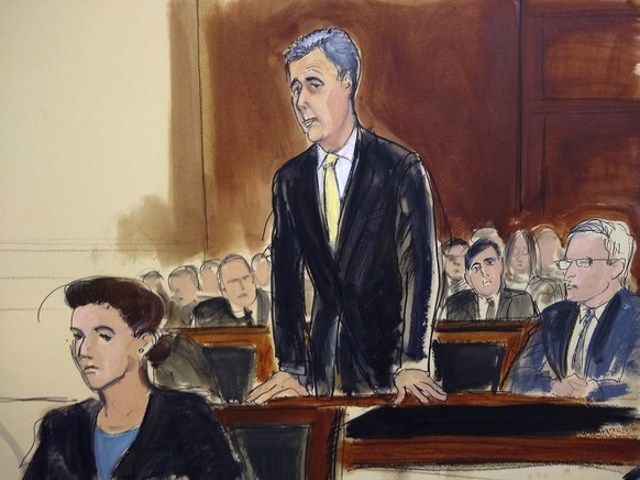 In this court room drawing, Michael Cohen stands to plead guilty, flanked by Assistant US Attorney Andrea Griswold, left, and Cohen&#039;s attorney Guy Petrillo, far right, at federal court in New Yor ...
