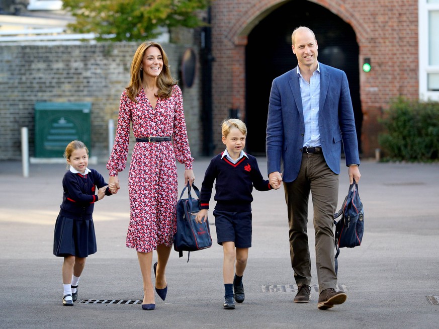 05 September 2019 - Princess Charlotte of Cambridge, Kate Duchess of Cambridge Catherine Katherine Middleton, Prince George of Cambridge, Prince William Duke of Cambridge, arriving for her first day o ...