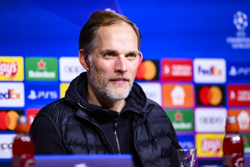 09.11.2023, Bayern, München: Fußball: Champions League, Bayern München - Galatasaray Istanbul, Gruppenphase, Gruppe A, 4. Spieltag, Allianz Arena. Münchens Trainer Thomas Tuchel reagiert nach dem Spie ...