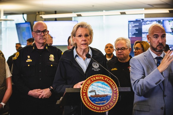 October 7, 2024, Tampa, Florida, USA: Tampa Mayor, JANE CASTOR speaks along with other city leaders and FEMA officials to provide an update on preparation efforts ahead of Hurricane Milton. Tampa USA  ...