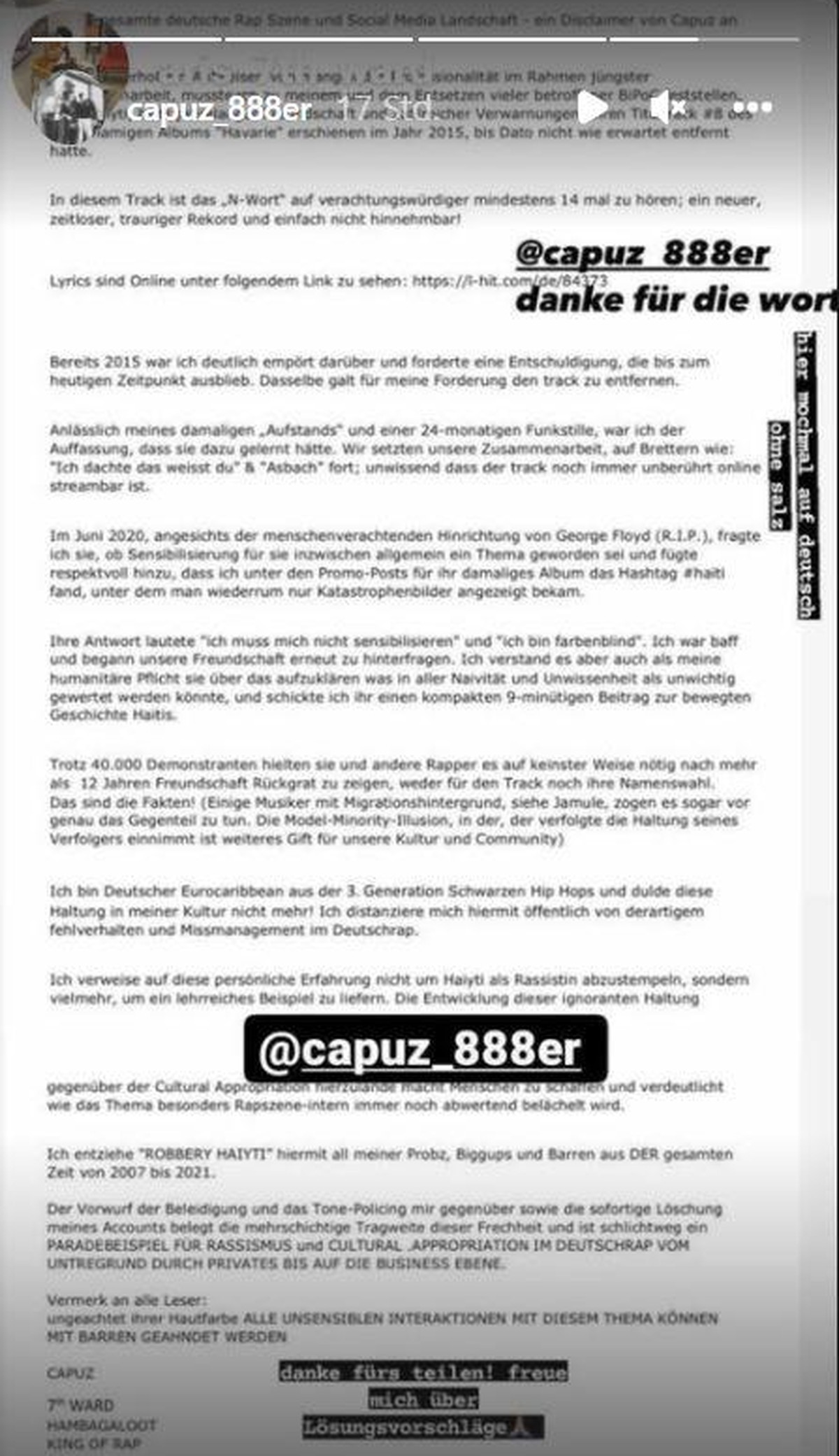 Rapper Capuz veröffentlichte zudem ein ausführliches Statement zu den Äußerungen von Haiyti.