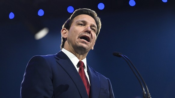 Florida Gov. Ron DeSantis speaks during convocation at Liberty University, in Lynchburg, Va., Friday, April 14, 2023. (Paige Dingler/The News &amp; Advance via AP)