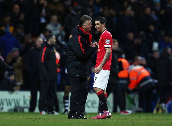 Mandatory Credit: Photo by Matt West/BPI/Shutterstock 4435755au Manchester United, ManU manager Louis van Gaal shakes hands with Angel Di Maria at the end of the game The FA Cup 2014/15 Fifth Round Pr ...