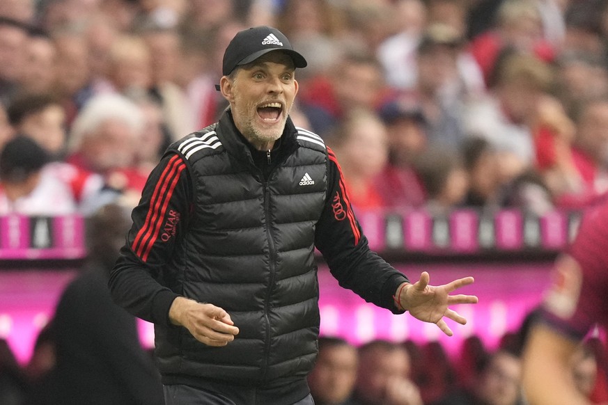 Bayern&#039;s head coach Thomas Tuchel reacts during the German Bundesliga soccer match between FC Bayern Munich and RB Leipzig at the Allianz Arena stadium in Munich, Germany, Saturday, May 20, 2023. ...