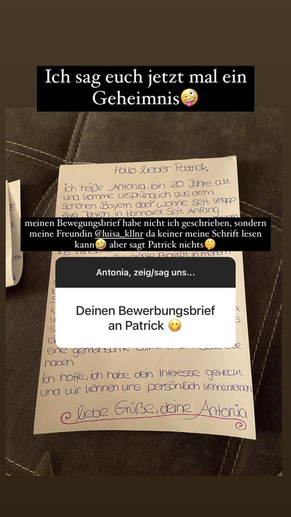 Antonia zeigt ihren Followern ihren Brief an Patrick.