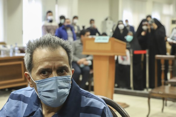 FILE - Iranian-German national and U.S. resident Jamshid Sharmahd attends his trial at the Revolutionary Court, in Tehran, Iran, Sunday, Feb. 6, 2022. Sharmahd, the senior member of a U.S.-based Irani ...