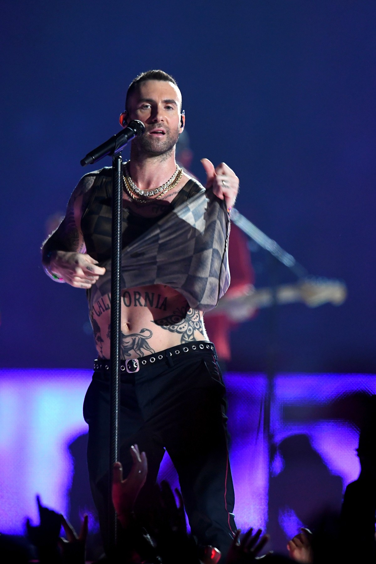 ATLANTA, GA - FEBRUARY 03: Adam Levine of Maroon 5 performs during the Pepsi Super Bowl LIII Halftime Show at Mercedes-Benz Stadium on February 3, 2019 in Atlanta, Georgia. (Photo by Kevin Winter/Gett ...