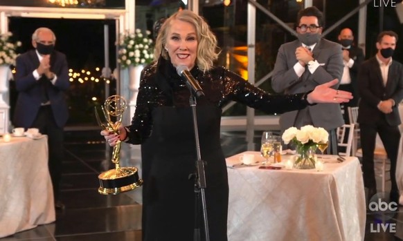 In this video grab captured on Sept. 20, 2020, courtesy of the Academy of Television Arts &amp; Sciences and ABC Entertainment, Catherine O'Hara accepts the award for outstanding lead actress in a com ...