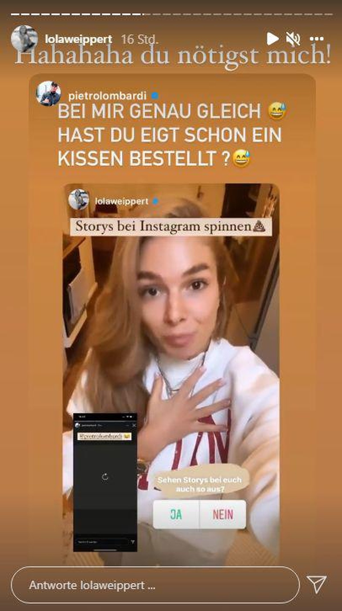 Lola antwortet auf Pietros Aufforderung.