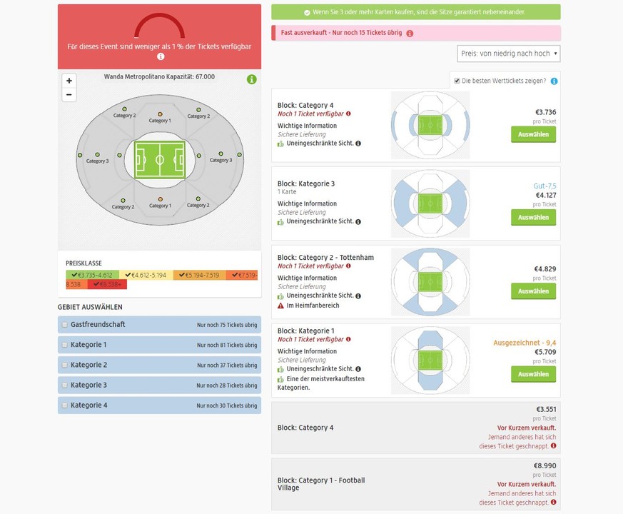 Viel Rot, viele Hinweise: Mitte Mai gab es auf Viagogo Tickets für das CL-Finale zu horrenden Preisen.