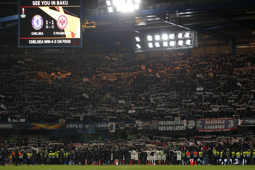 Eintracht Frankfurt fans serenade their team despite defeat during the UEFA Europa League semi-final match between Chelsea and Eintracht Frankfurt at Stamford Bridge, London, England on 9 May 2019. PU ...