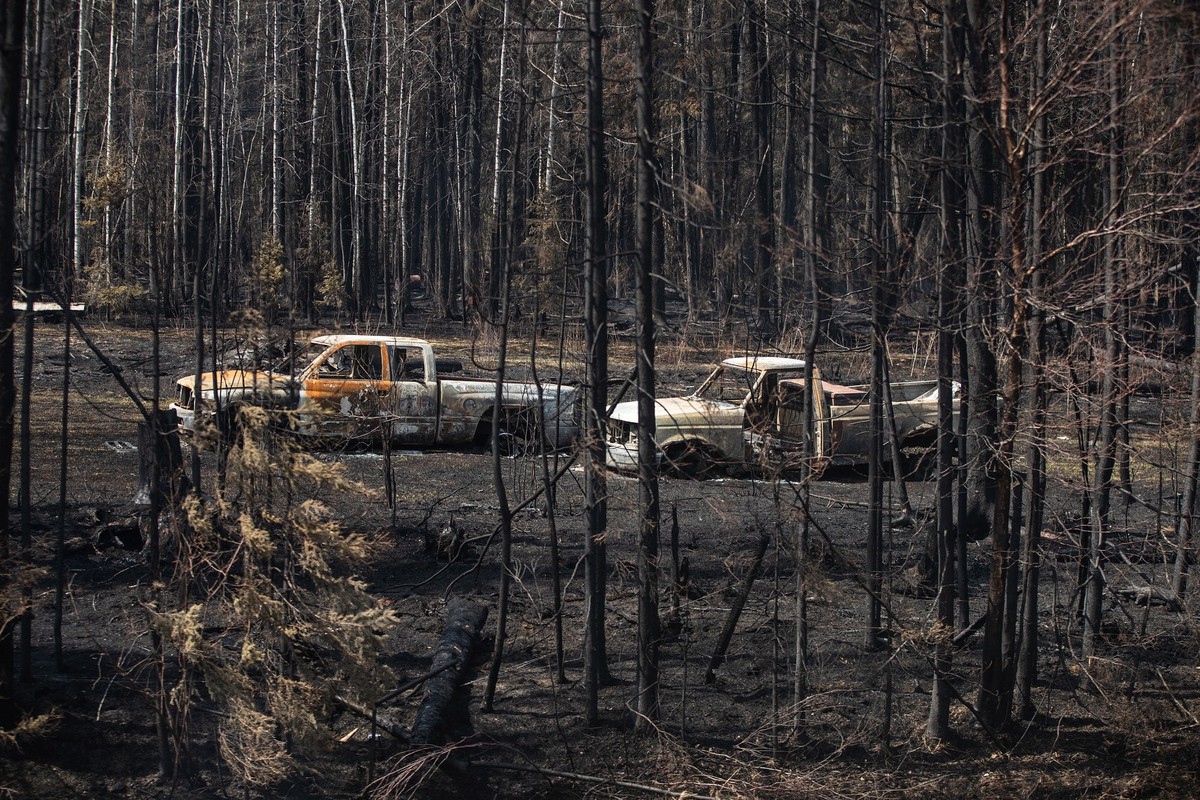 10.05.2023, Kanada, Drayton Valley: Ausgebrannte PickUps stehen nach einem Waldbrand auf einem Grundst�ck in der N�he von Drayton Valley. Dutzende Waldbr�nde hatten im Westen Kanadas Tausende Menschen ...