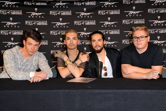 Tokio Hotel, die Band mit Georg Hagen Listing, Bill Kaulitz, Tom Kaulitz und Gustav Sch�fer bei der Pr�sentation von ihrem neuen Album King of Suburbia am 2.10.2014 in Berlin Tokio Hotel pr�sentieren  ...