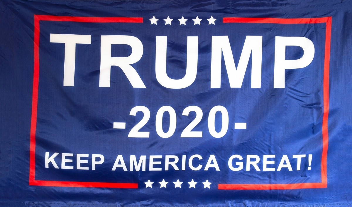 Trump flag for President 2020, keep America Great, presidential election, flag isolated on white background texture closeup