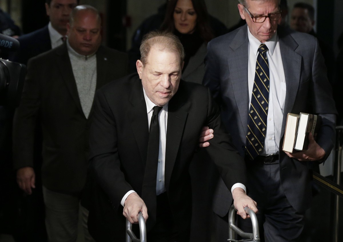 American film producer Harvey Weinstein arrives at Manhattan Court before the start of his sexual misconduct trial on Monday, January 6, 2020 in New York City. Harvey Weinstein is scheduled to stand t ...