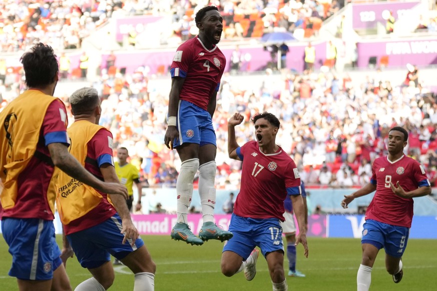 Costa Rica&#039;s Keysher Fuller celebrates after scoring his side&#039;s opening goal during the World Cup, group E soccer match between Japan and Costa Rica, at the Ahmad Bin Ali Stadium in Al Rayya ...