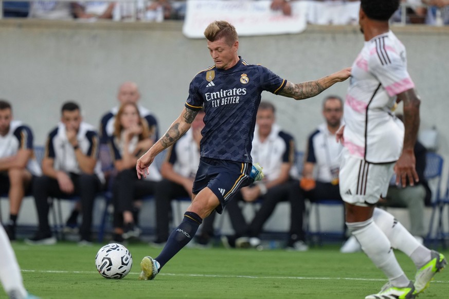 ORLANDO, FL - AUGUST 02: Real Madrid midfielder Toni Kroos 8 sends a pass toward the net in the first half during the Soccer Champions Tour match between Juventus and Real Madrid on Wednesday, August  ...