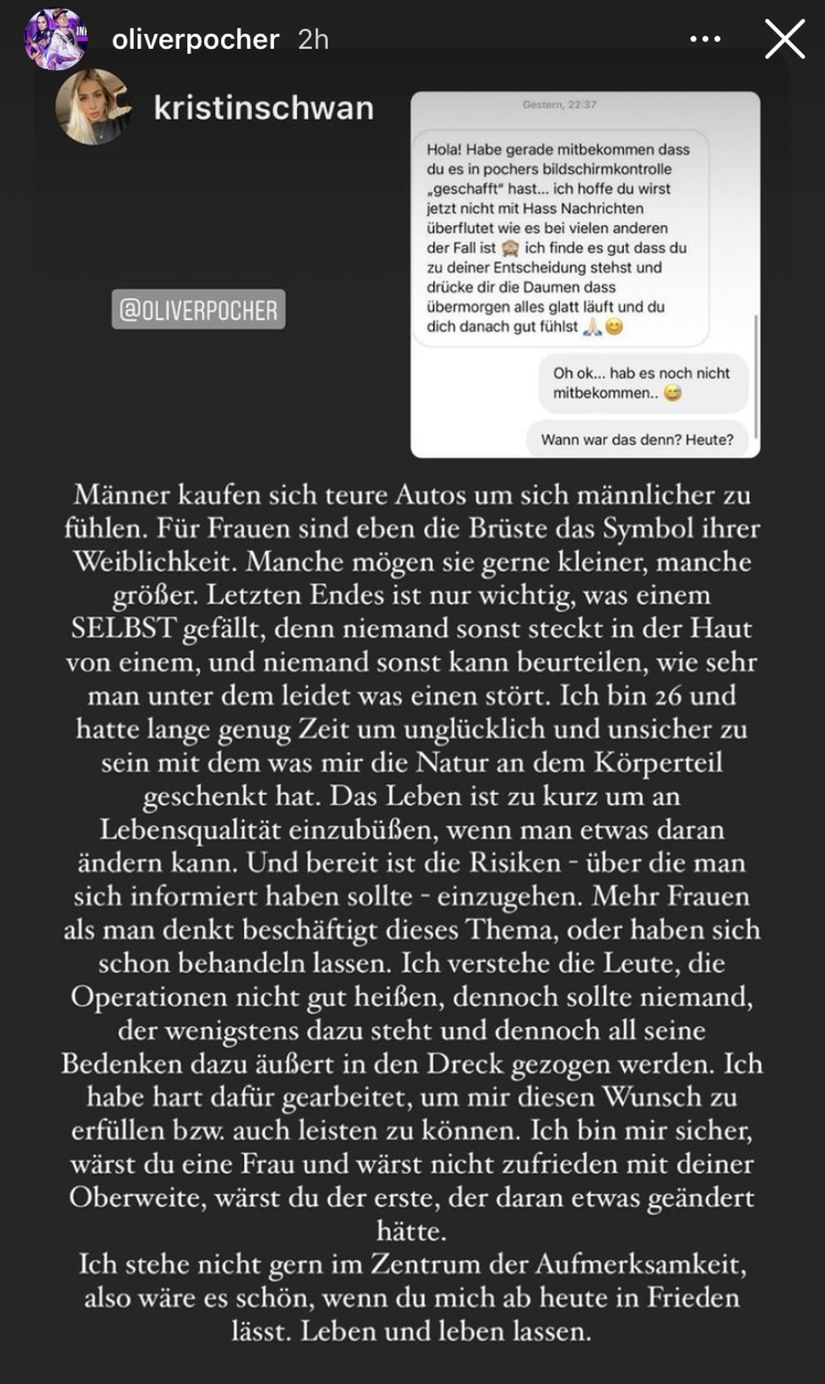 Oliver Pocher teilt in seiner Story die Reaktion von Kristin auf seine Bildschirmkontrolle.