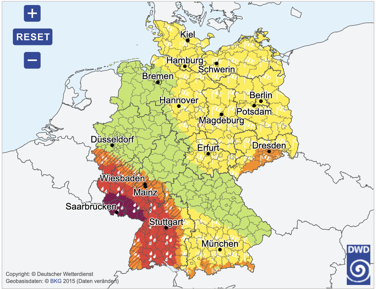 Aus dem Südwesten zieht eine Unwetterfront heran.