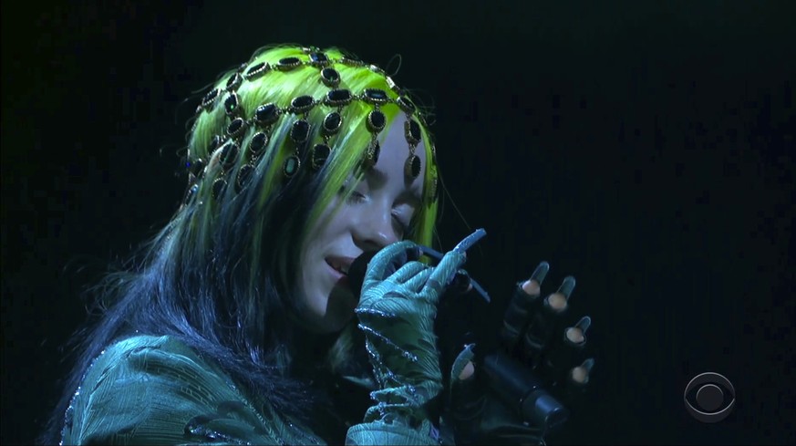 In this video grab provided by CBS and the Recording Academy, Billie Eilish performs at the 63rd annual Grammy Awards at the Los Angeles Convention Center on Sunday, March 14, 2021. (CBS/Recording Aca ...