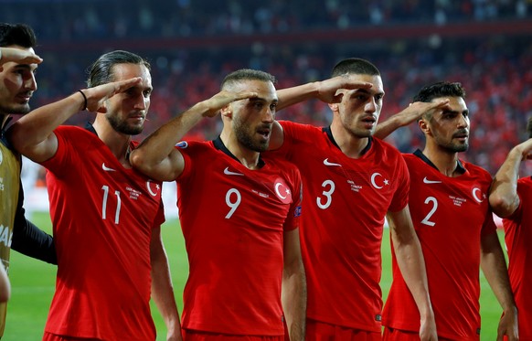 Soccer Football - Euro 2020 Qualifier - Group H - Turkey v Albania - Sukru Saracoglu Stadium, Istanbul, Turkey - October 11, 2019 Turkey's Cenk Tosun celebrates scoring their first goal with team mate ...