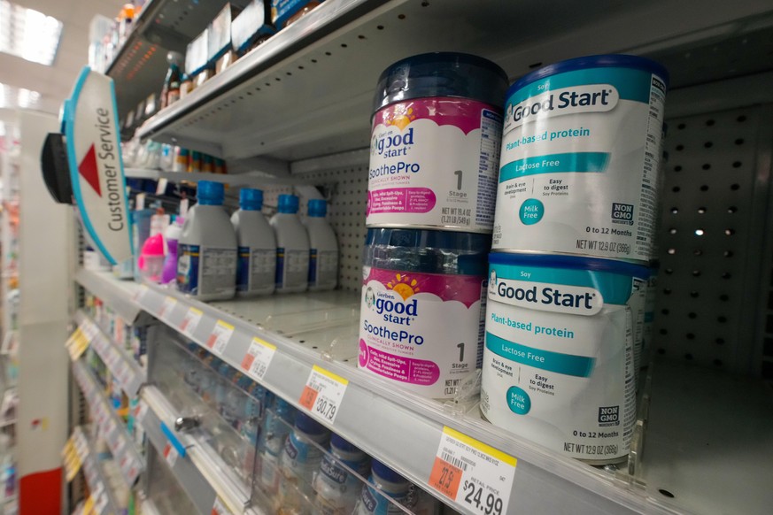 View of almost empty baby formula shelves at a Duane Reade in New York City, USA on Wednesday, May 11, 2022. âThe baby formula shortage is being exacerbated by supply chain problems that also have c ...