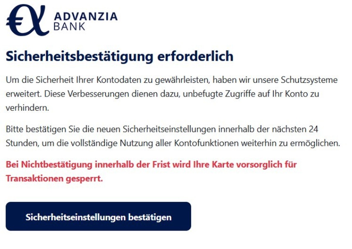 Diese gefälschte Advanzia-Mail fand sich im Postfach zahlreicher Kund:innen.