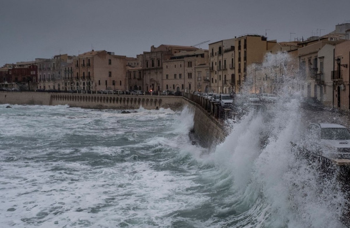 SYRACUSE, ITALY - OCTOBER 28: Huge waves hit the quayside of the peninsula of Ortygia hours before the Medicane hits land on October 28, 2021 in Syracuse, Italy. Italian authorities issued a red alert ...