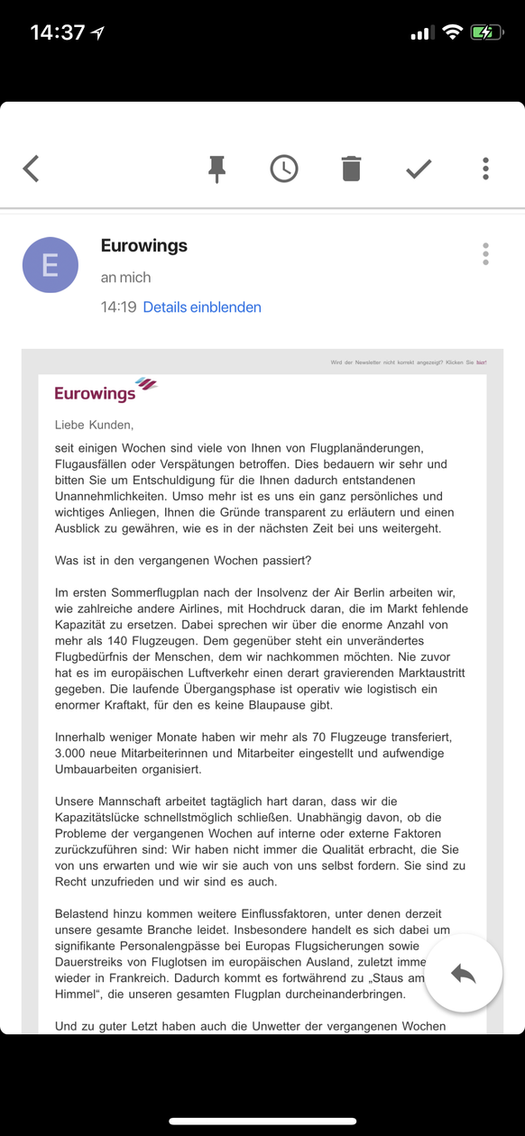 Eurowings entschuldigt sich bei Passagieren.