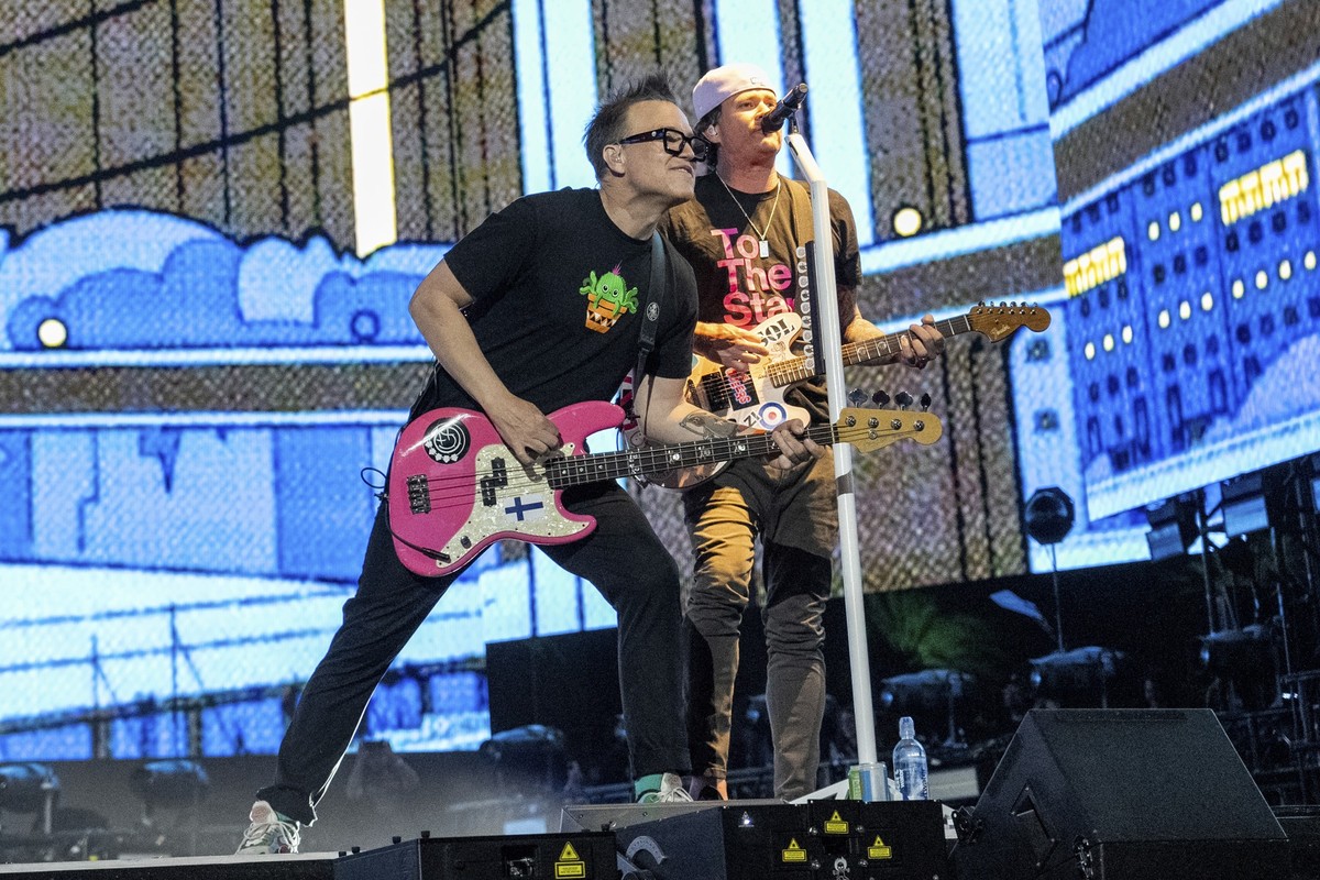 Mark Hoppus, left, and Tom DeLonge of Blink-182 perform at the Coachella Music and Arts Festival at the Empire Polo Club on Sunday, April 24, 2023, in Indio, Calif. (Photo by Amy Harris/Invision/AP)