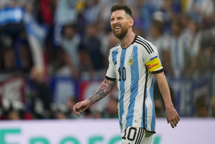 Argentina&#039;s Lionel Messi reacts during the World Cup semifinal soccer match between Argentina and Croatia at the Lusail Stadium in Lusail, Qatar, Tuesday, Dec. 13, 2022. (AP Photo/Petr David Jose ...