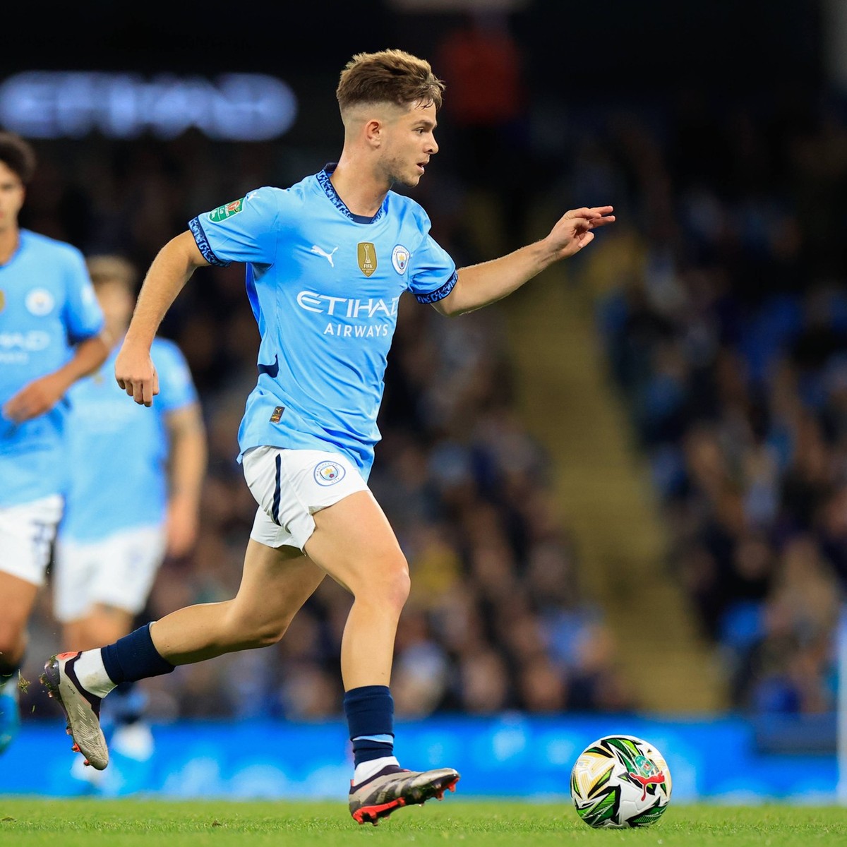 Manchester City v Watford EFL Cup 24/09/2024. James McAtee 87 of Manchester City in action during the EFL Cup match between Manchester City and Watford at the Etihad Stadium, Manchester, England on 24 ...