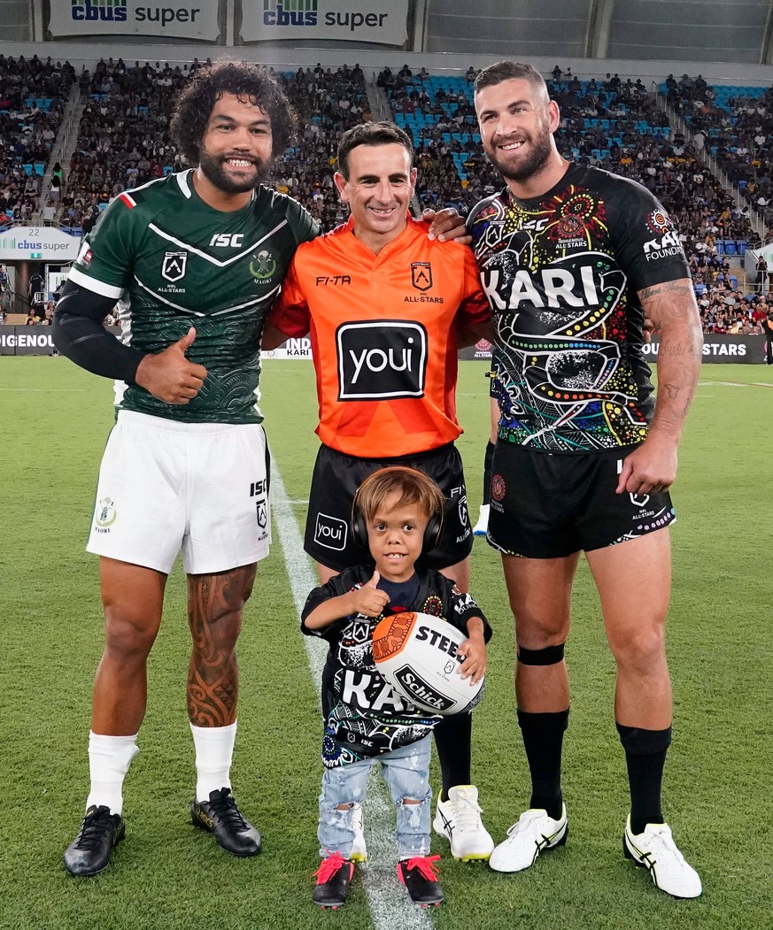 NRL INDIGENOUS MAORI ALL STARS, Quaden Bayles, 9, poses for a photo with Indigenous All Stars captain Joel Thompson and Adam Blair of the Maori Kiwis prior to the NRL Indigenous All-Stars vs Maori Kiw ...