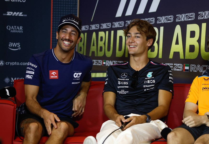 3 Daniel Ricciardo AUS, Scuderia AlphaTauri, 63 George Russell GBR, Mercedes-AMG Petronas F1 Team, F1 Grand Prix of Abu Dhabi at Yas Marina Circuit on November 23, 2023 in Abu Dhabi, United Arab Emira ...