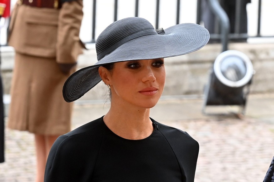 Meghan, Duchess of Sussex arrives for the funeral service of Queen Elizabeth II at Westminster Abbey in central London, Monday Sept. 19, 2022. The Queen, who died aged 96 on Sept. 8, will be buried at ...