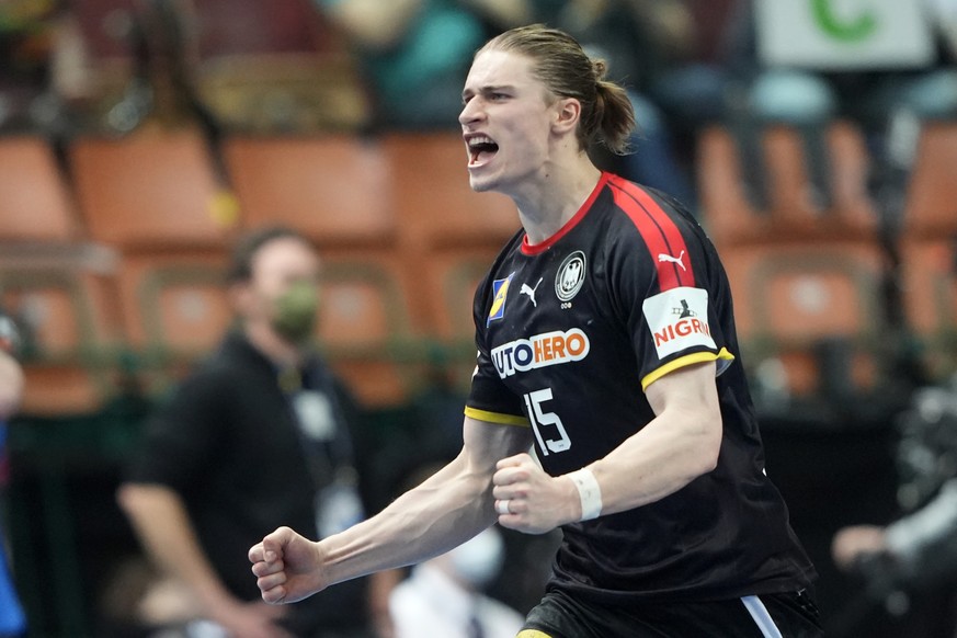 Germany&#039;s Juri Knorr celebrates after scoring during the Main Round Group III, Handball World Championship match between The Netherlands and Germany in Katowice, Poland, Saturday, Jan. 21, 2023.  ...